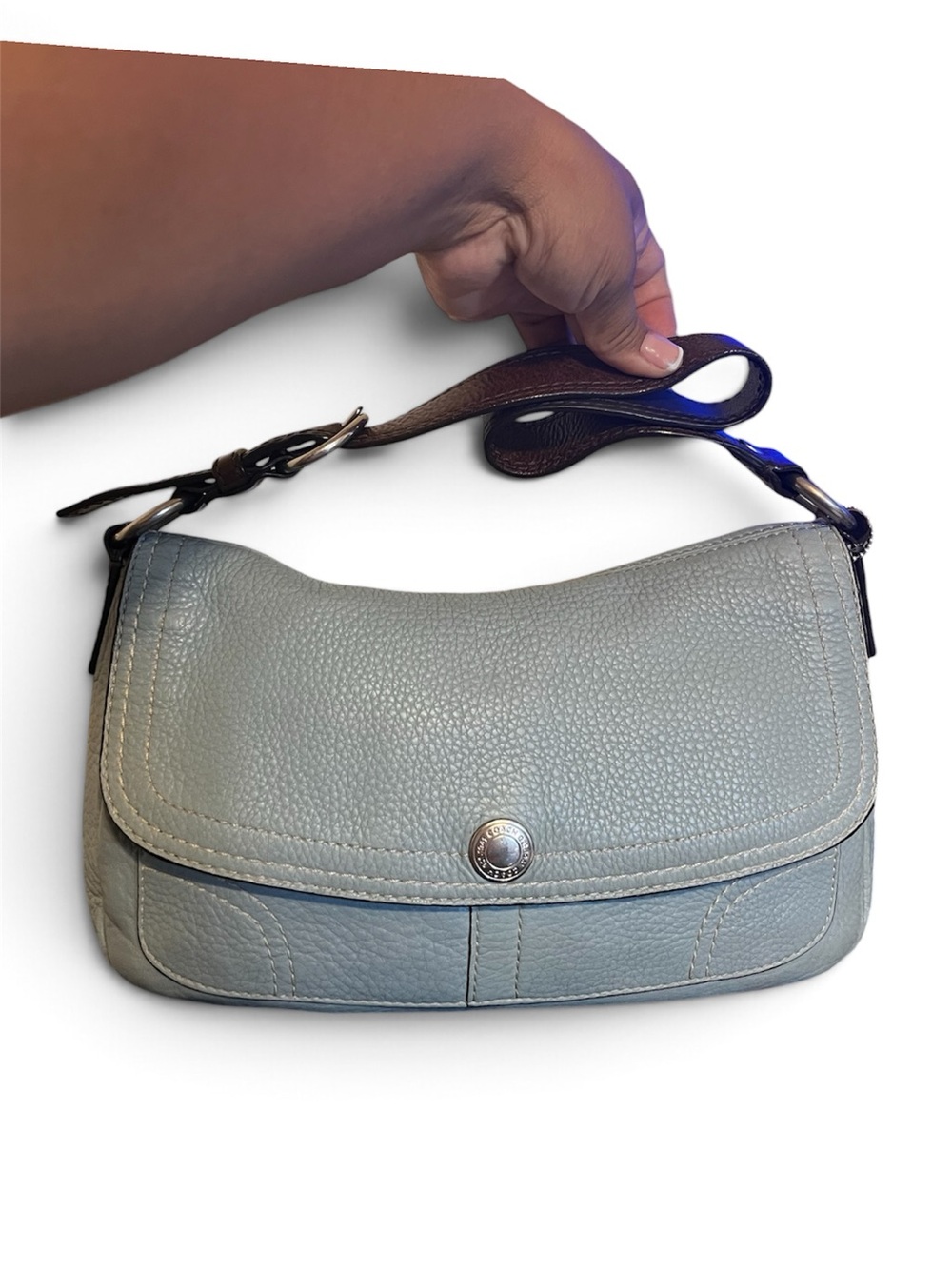 Coach Pebbled Leather Shoulder Bag in Light Blue with Brown Strap
